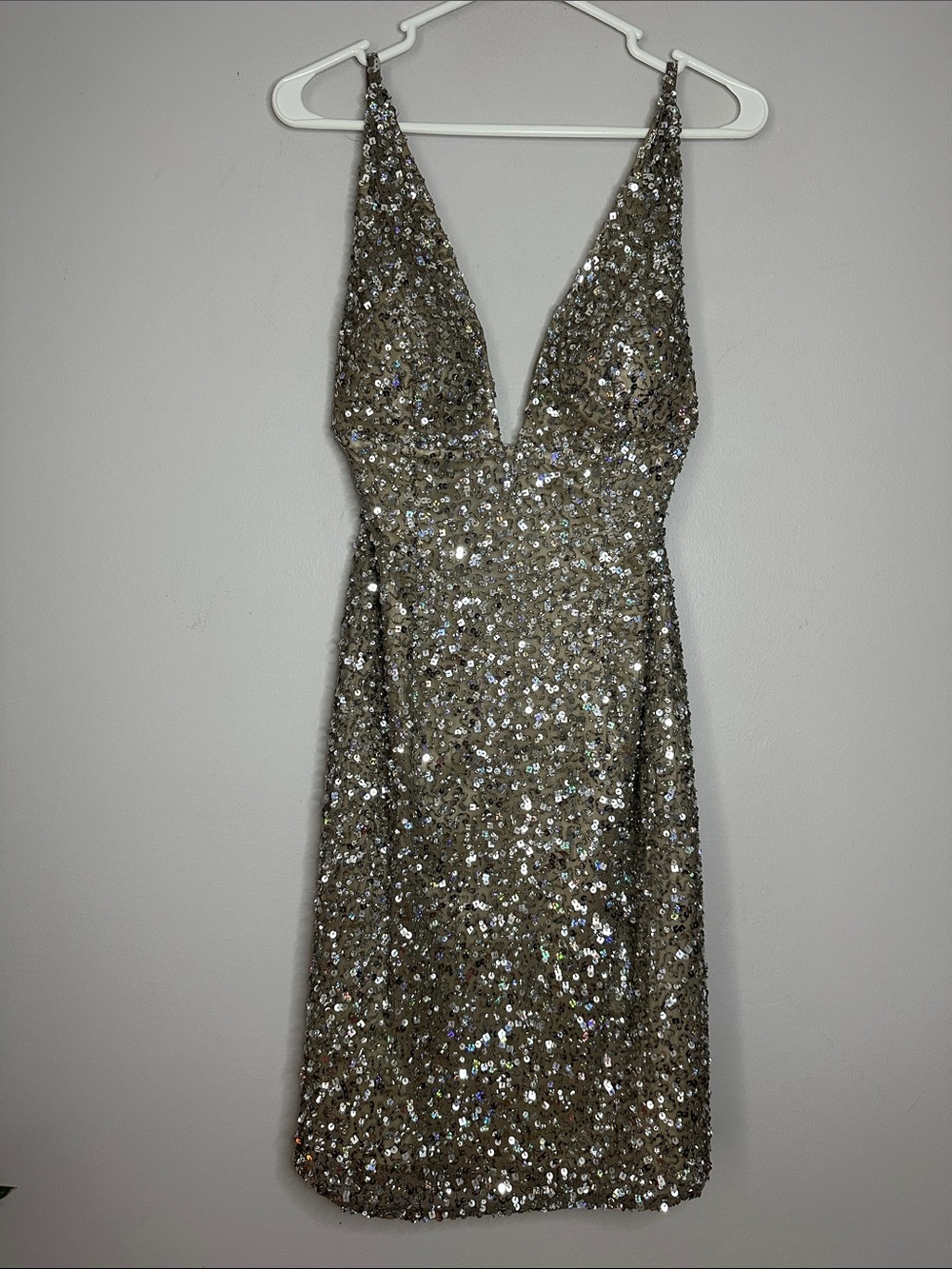 Scala Silver Sequin Plunge V-Neck Cocktail Dress size M